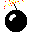 Four black pixelated bombs with white curved lines on their surfaces, each emitting red and yellow square particles against a white background.
