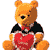 Pixelated orange bear with brown ears and nose wears black cape over red shirt, holding red heart-shaped object against white background.