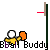 Animated contact sheet showing 12 sequential frames of a yellow stick figure character performing actions with orange basketballs against a gray background, with repeated text "Bball Buddy" at the bottom of each frame.