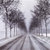 Pixelated grayscale image of a road with two trees on either side, viewed from a low angle with radiating lines suggesting motion or perspective.