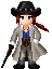 Animated character in gray trench coat and black hat holding a pistol, with flame effects appearing on body across frames.