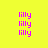 Yellow background with repeated purple 'lilly' text and green rectangular blocks in different positions across frames.