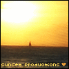 Sunset over water with a distant ship silhouette, text reading 'sunset productions' and a heart symbol at the bottom.