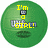 Green circular icon with yellow text reading "I'm a GIRL!" and "I Play VOLLEYBALL and I HIT HARD" , featuring a small black-and-white TV graphic and a dark oval shape below