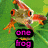 Animated frog icon with multiple text labels: 'one frog', 'two frog', 'yellow frog', 'blue frog', and 'so hoppy =]'.