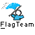 Pixelated icon shows a blue figure holding a blue umbrella with gray handle, white circular face, and scattered gray dots on light gray background; text below reads 'FlagTeam' in black-and-white pixel font.