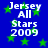 Blue background with green stars and white text reading "Jersey All Stars 2009" in four identical sections.