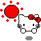 Pixelated white cat with red bow, orange nose, black eyes and whiskers, positioned below large red circle surrounded by small red dots on gray background.