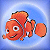 Pixelated orange fish with white stripes and black outlines swims against a blue gradient background, featuring large eyes and a smiling mouth.