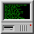 nine identical gray computer terminals with black screens displaying green matrix-style code, each terminal has a red indicator light and a slot below the screen
