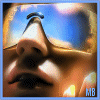 A close-up of a person's face with reflective sunglasses, showing subtle mouth and eye movement