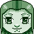 Pixelated green-haired character with large eyes, small nose, and subtle smile against gray background.