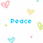 Pixelated icon with 'Peace' text, heart symbols, and two smiley faces on white background.