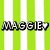 Pixelated text 'MAGGIE' with a heart symbol on green and white striped background.