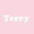 Pixelated pink background with repeated white 'Terry' text and pink heart symbols