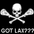 Pixelated white skull and crossed lacrosse sticks on black background with text 'GOT LAX???' below.