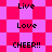 Pixelated text 'Live', 'Love', and 'CHEER!!' arranged in a over shifting pink and red checkered backgrounds