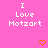Pixelated text 'I Love Mozart' in white on pink background with orange heart symbols below.