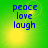 Green background with blue text reading peace love laugh in four quadrants, each with a yellow glow effect.