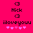 Pixel art icon with bright pink background showing 'Nick' text, '<3' symbols, and 'iiloveyouu' phrase above five pink hearts.