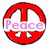 Six peace sign icons in red, yellow, green, blue, purple, and black-and-white arranged in two with text overlays