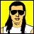 Pixelated image of a person with long dark hair and sunglasses against a yellow background, next to a blue with white text reading "MULLETS ROCK!" and star patterns