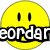 Yellow smiley face icon with black eyes and mouth, overlaid with partially visible white text reading 'eordar', 'Loves', and 'arcelon' across different sections.