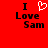 Red background with black text "I Love Sam" and a white pixelated heart symbol replacing the word 'love' in one view.