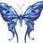A pixelated blue butterfly with gradient wings and a white body on a plain background.