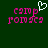 Pixelated pink text 'camp romega' on dark green background with white heart symbol above text in left view, no heart in right view.