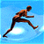 Pixelated buddy icon split into two panels showing a running figure on blue background and green text logo on dark green background