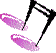 Four black musical eighth notes with pink pixelated trails on a gray background, arranged in two of two