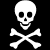 Three white skull and crossbones icons on black background with red 'PIRATE' text, showing progressive skeletal disassembly from left to right.