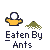 Animated contact sheet showing 12 sequential frames of a pixel art buddy icon with text "Eaten By Ants" and changing yellow bowl/ant interactions on gray background.