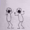 Two stick figures with open mouths and raised arms, one holding a small object, in a sequence showing motion and background changes.