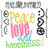 A colorful pixelated icon with layered text and symbols on a white background, featuring 'Peace', 'Love', and 'Happiness' in distinct colors.