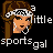Pixel art icon of a woman with brown hair wearing a white headband, orange skin tone, and large hoop earrings against black background with text "a little sports gal" in pixelated font.