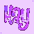 Pixelated text 'kay' in purple and white gradient with star accents on light purple background.