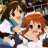 Two anime-style characters with brown and red hair, wearing blue and white tops, positioned closely together against a blurred background.