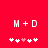 Red background with white 'M + D' text and five heart symbols, where the third heart is pink.