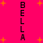 A bright pink background with scattered orange plus signs and the word "BELLA" repeated vertically in black pixelated text.
