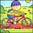Animated cartoon icon of a child riding a bicycle across multiple frames with subtle motion changes in the background and character pose.