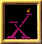 Pixelated purple X-shaped candle holder with single lit flame, framed in gold border against black background.