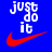 Static pixelated icon featuring white text "just do it" and a red Nike swoosh logo on solid blue background.