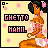 Pixel art of a character with dark hair and pink flowers, wearing a pink and white outfit, standing against a light yellow background with pink dots.