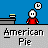 Pixel art animation of a red-shirted figure with white head and black eyes, interacting with gray desks under blue backgrounds while text reads "American Pie" below each frame.