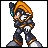 Pixelated character with orange hair, blue eye, and dark armor holding a white and brown weapon against a white background.