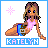 Pixel art buddy icon of a woman in pink top and blue shorts with brown belt, shown in two animation frames on white background with pink star.