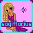 Pixel art of a blonde woman in a purple dress with pink accents, standing against a light pink background with a cyan and magenta starburst symbol.