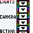 A vertical strip of pixelated text and heart symbols with rainbow borders, displaying 'LIGHTS', 'CAMERA', 'ACTION' in varying colors